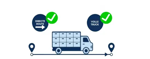 Illustratie die een volle vrachtwagen en directe route verbeeldt in huisstijlkleuren MLB